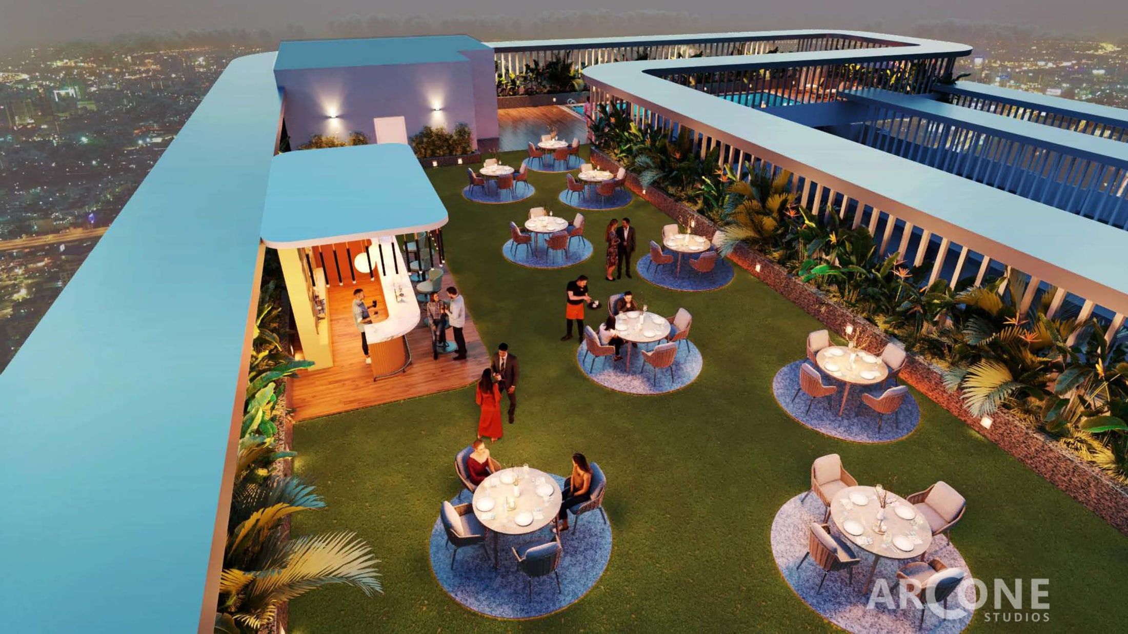 Artistic impression of the rooftop social space at Delta Square One