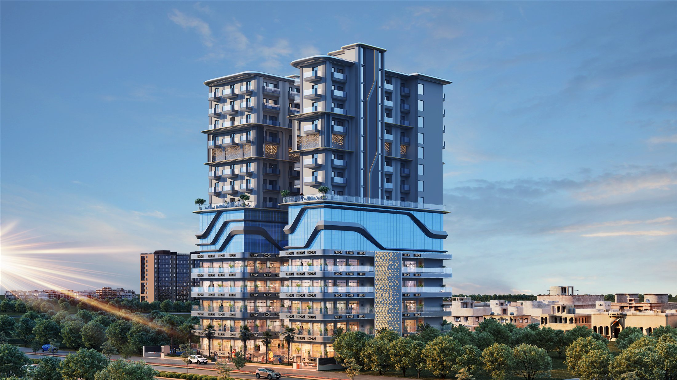 Artistic impression of the road-facing Delta Square elevation